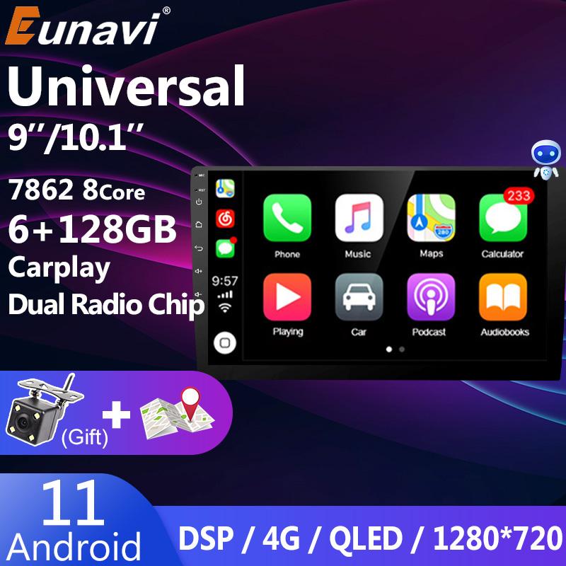 Eunavi 4G 2DIN Android 11 Car Radio Stereo Multimedia Video Player Universal Head unit DVD GPS 9inch 10.1inch QLED Screen 6+128G