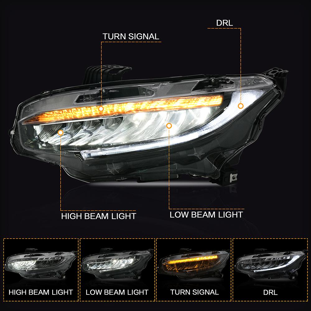 VLAND Headlamp Car Headlights Assembly for Honda Civic 2016-2019 Headlight LED DRL with moving turn signal Dual Beam Lens