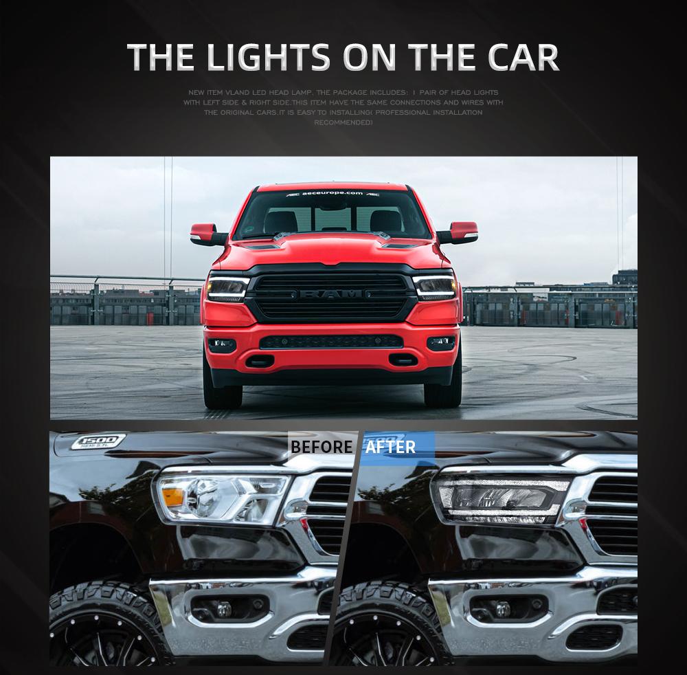 Zespół lampy samochodowej Vland dla Dodge RAM 1500 2019-UP reflektor Full LED DRL przednie reflektory z sekwencyjnym żółtym kierunkowskazem