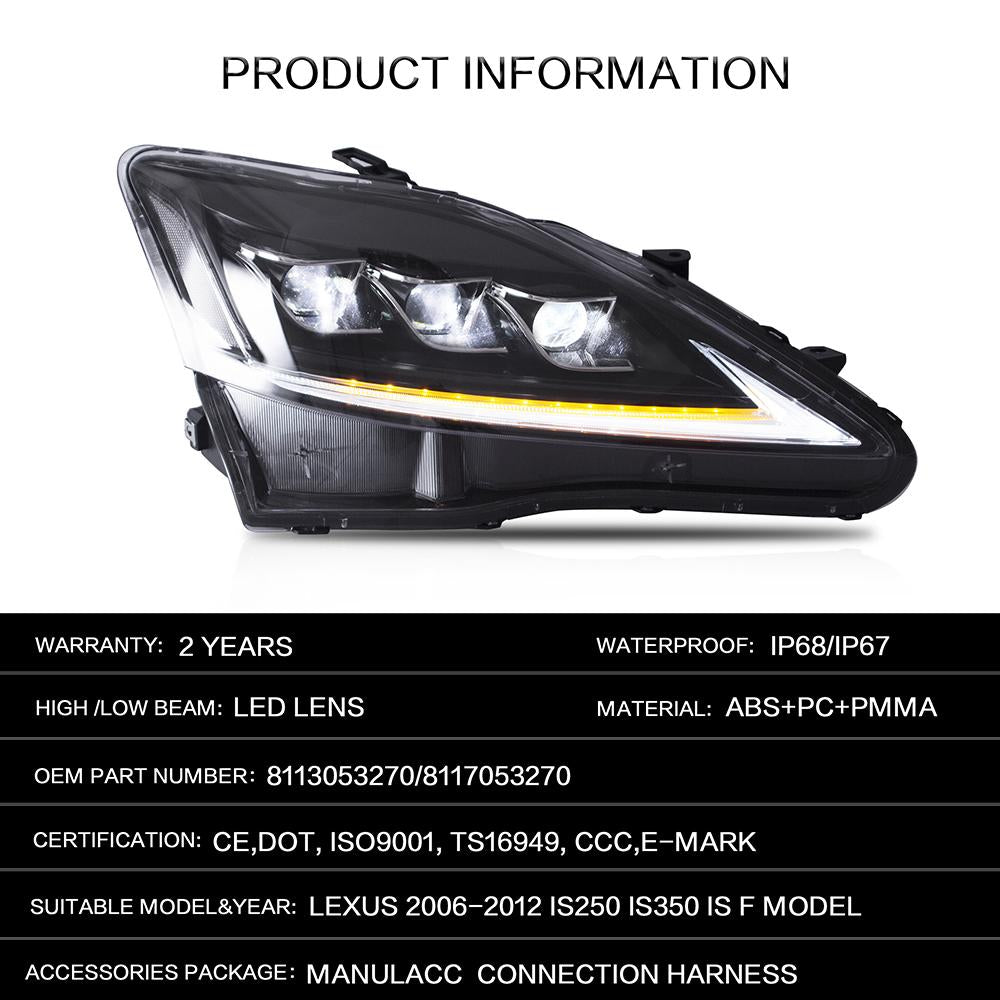 VLAND Headlamp Headlight Assembly fit for LEXUS 2006-2013 IS250 IS350/2008-2014 IS F/2010-2015 SEDAN C CF Full LED Headlamp with