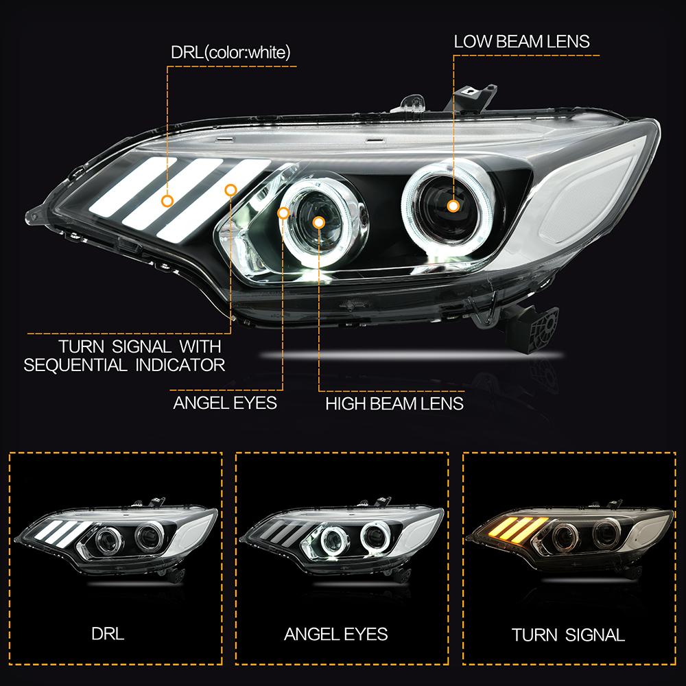 VLAND Headlamp Car Headlights Assembly For Honda Fit/Jazz 2014-2019 Headlight LED DRL With Moving Turn Signal Dual Beam Lens