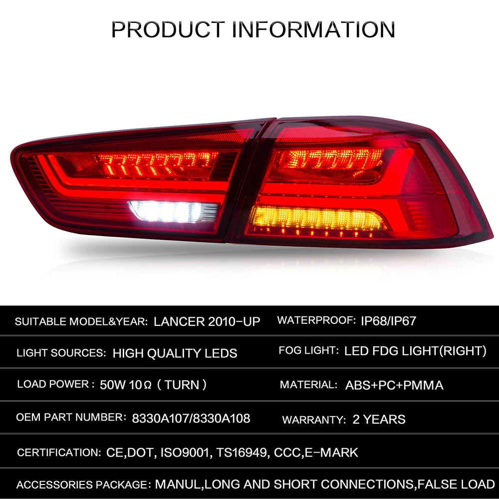 VLAND Tail Lights Assembly For Mitsubishi Lancer EVO X 2008-2019 RED Tail Lamp Assembly With Sequential Turn Signal Full LED