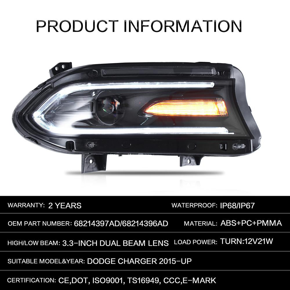 VLAND Car Headlamp Headlight Assembly Fit For Dodge Charger 2015-2019 Full LED Headlamp With DRL Sequential Turn Signal Light