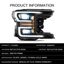 Load image into Gallery viewer, VLAND Headlamp Car Headlights Assembly for Ford F-150 2018 2019 Head light with moving turn signal Dual Beam Lens Plug-and-play