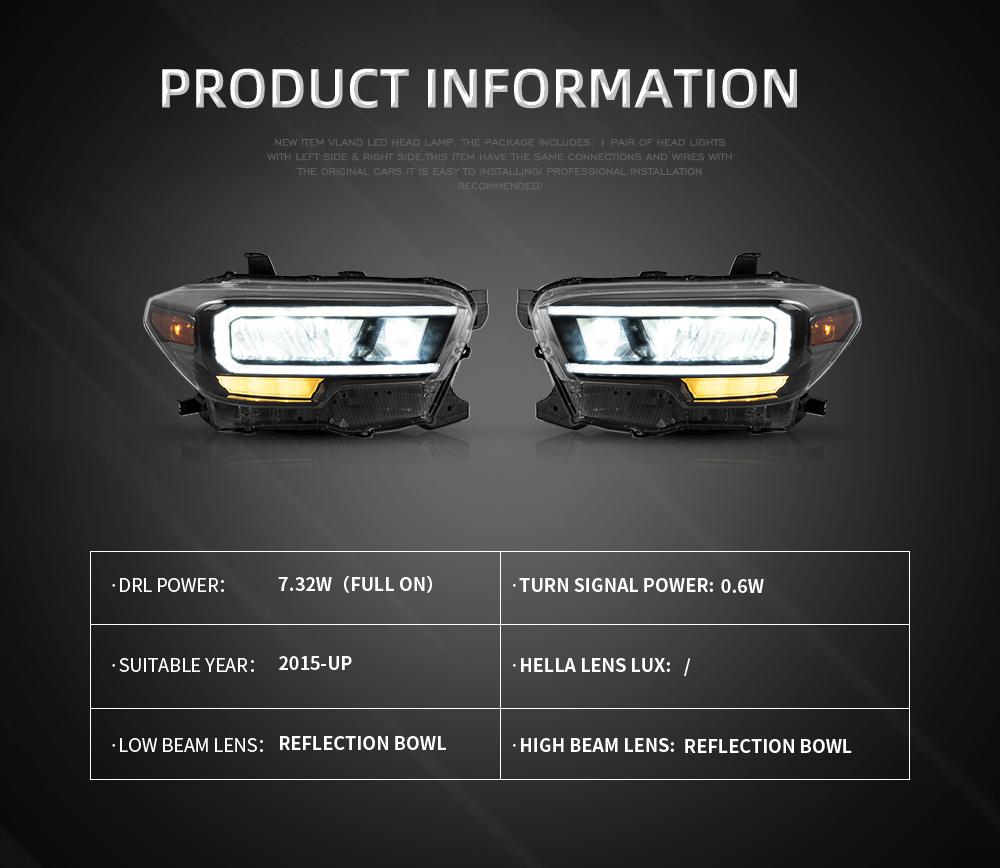 Vland Headlamp Assembly For Toyota Tacoma 2015 2016 2017 2018 2019 2020 Headlights Full LED Frontlight Day Running Lights