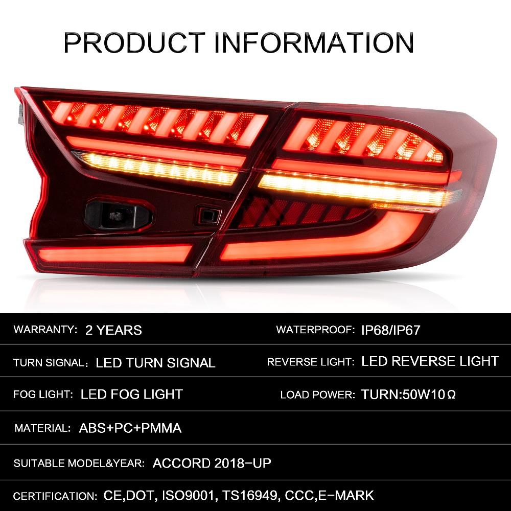 VLAND Tail lights Assembly for Honda Accord 2018 2019 Taillights Tail Lamp with Turn Signal Reverse Lights DRL light