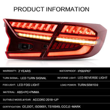 Laden Sie das Bild in den Galerie-Viewer, VLAND Tail lights Assembly for Honda Accord 2018 2019 Taillights Tail Lamp with Turn Signal Reverse Lights DRL light