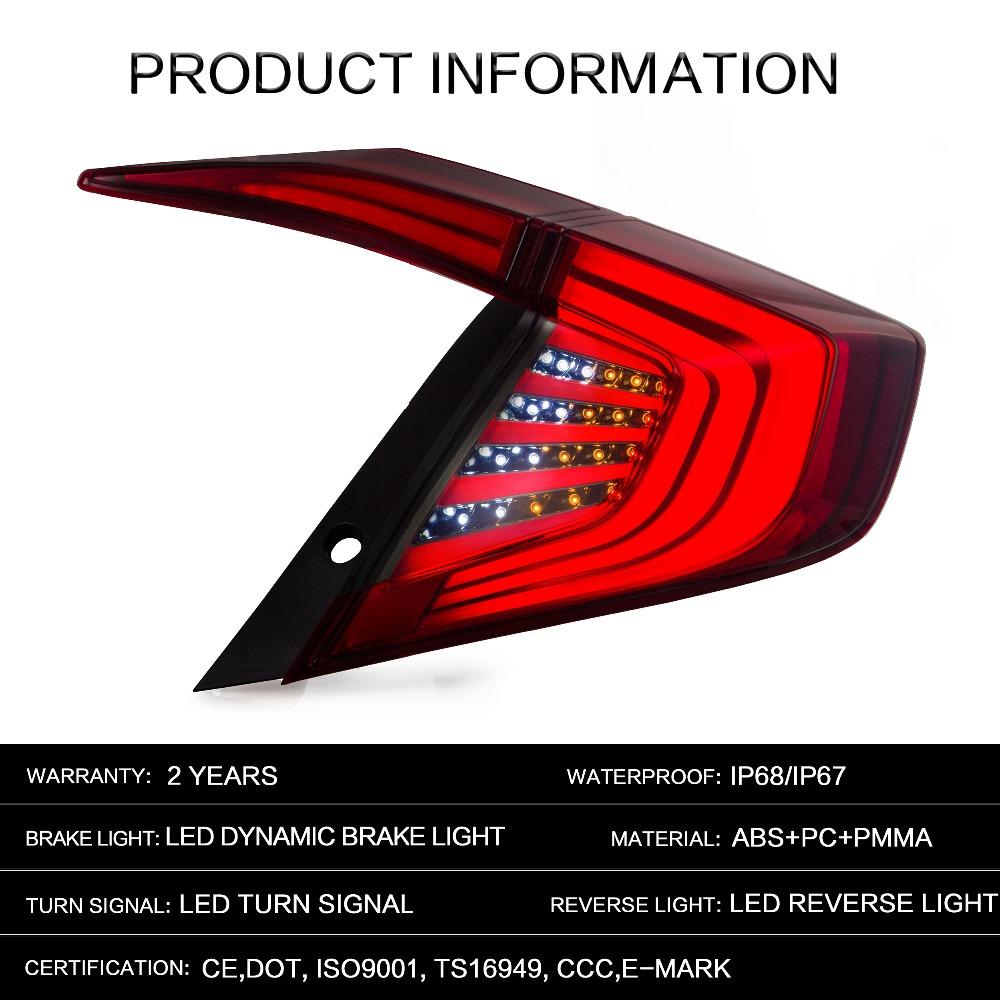 VLAND Tail lights Assembly for Honda Civic 10 Gen 2016-2019 Taillights Tail Lamp with Turn Signal Reverse Lights DRL light