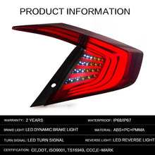 Załaduj zdjęcie do przeglądarki galerii, VLAND Tail lights Assembly for Honda Civic 10 Gen 2016-2019 Taillights Tail Lamp with Turn Signal Reverse Lights DRL light