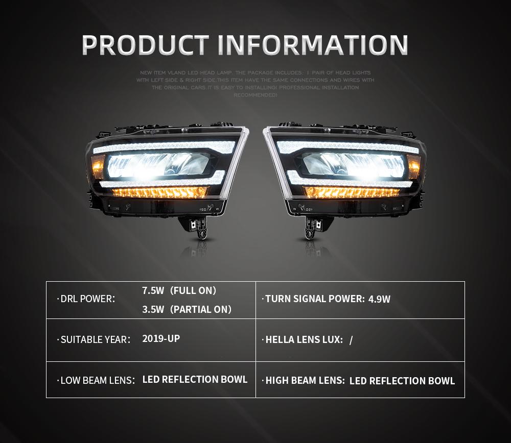 Zespół lampy samochodowej Vland dla Dodge RAM 1500 2019-UP reflektor Full LED DRL przednie reflektory z sekwencyjnym żółtym kierunkowskazem