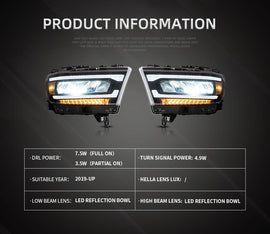 Vland Car Lamp Assembly For Dodge RAM 1500 2019-UP Hedalamp Full LED DRL Front Headlights With Sequential Yellow Turn Signal