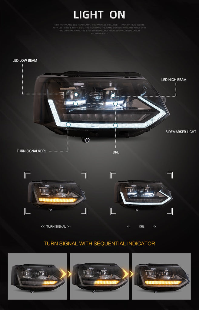 VLAND Car Lamp Assembly For Volkswagen Caravelle T5 Headlight 2011-2015 With Full LED Front Light Yellow Sequential Turn Signal