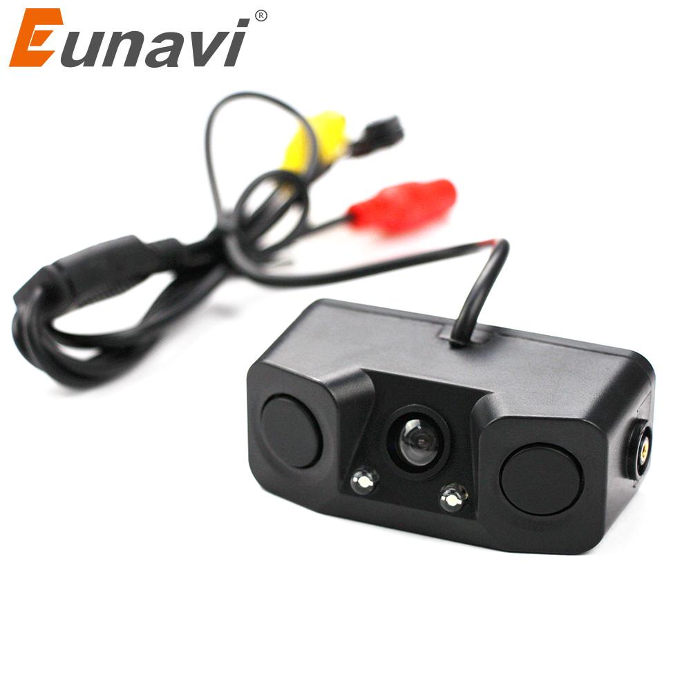 Eunavi 3 IN 1 Video Parking Sensor Car Reverse Backup Rear View Camera with 2 Radar Detector Sensors BiBi Alarm Indicator Anti