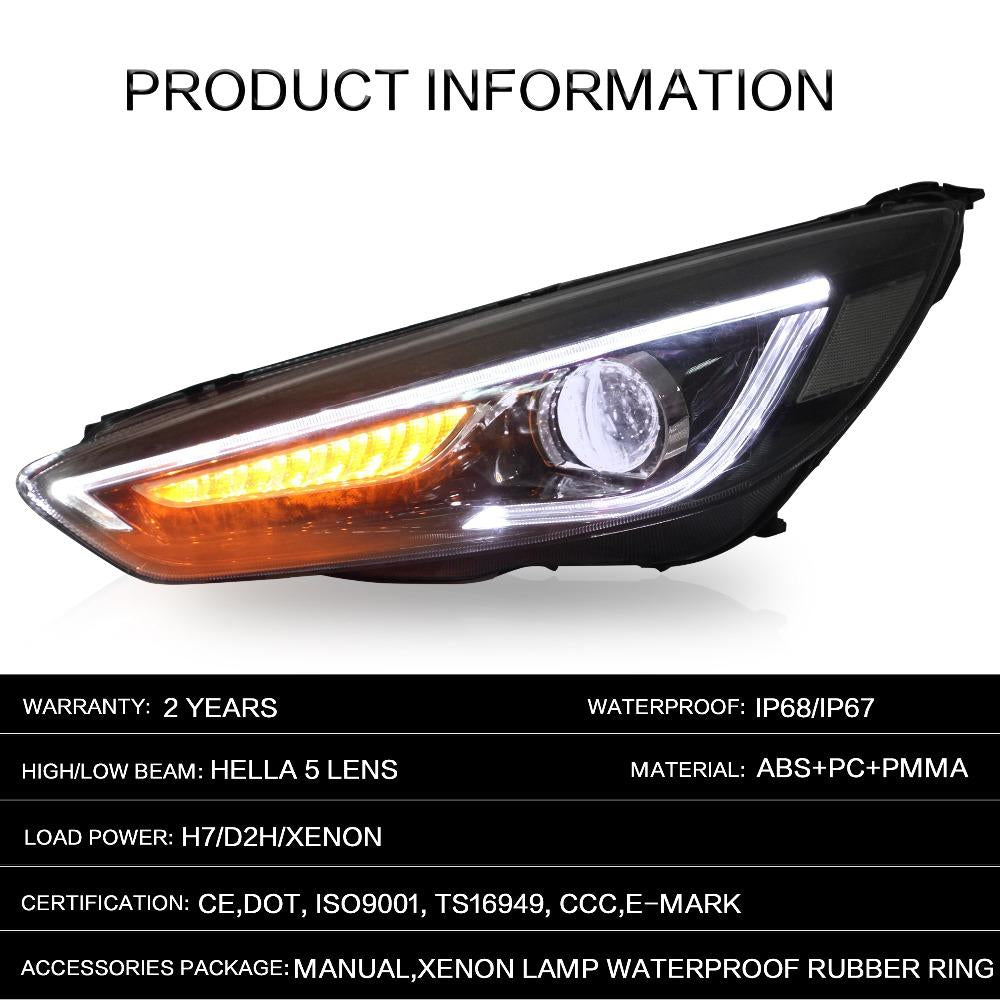 VLAND Headlamp Car Headlights Assembly for Ford Focus 2015 2016 2017 Head light with moving turn signal Dual Beam Lens/Demon Eye