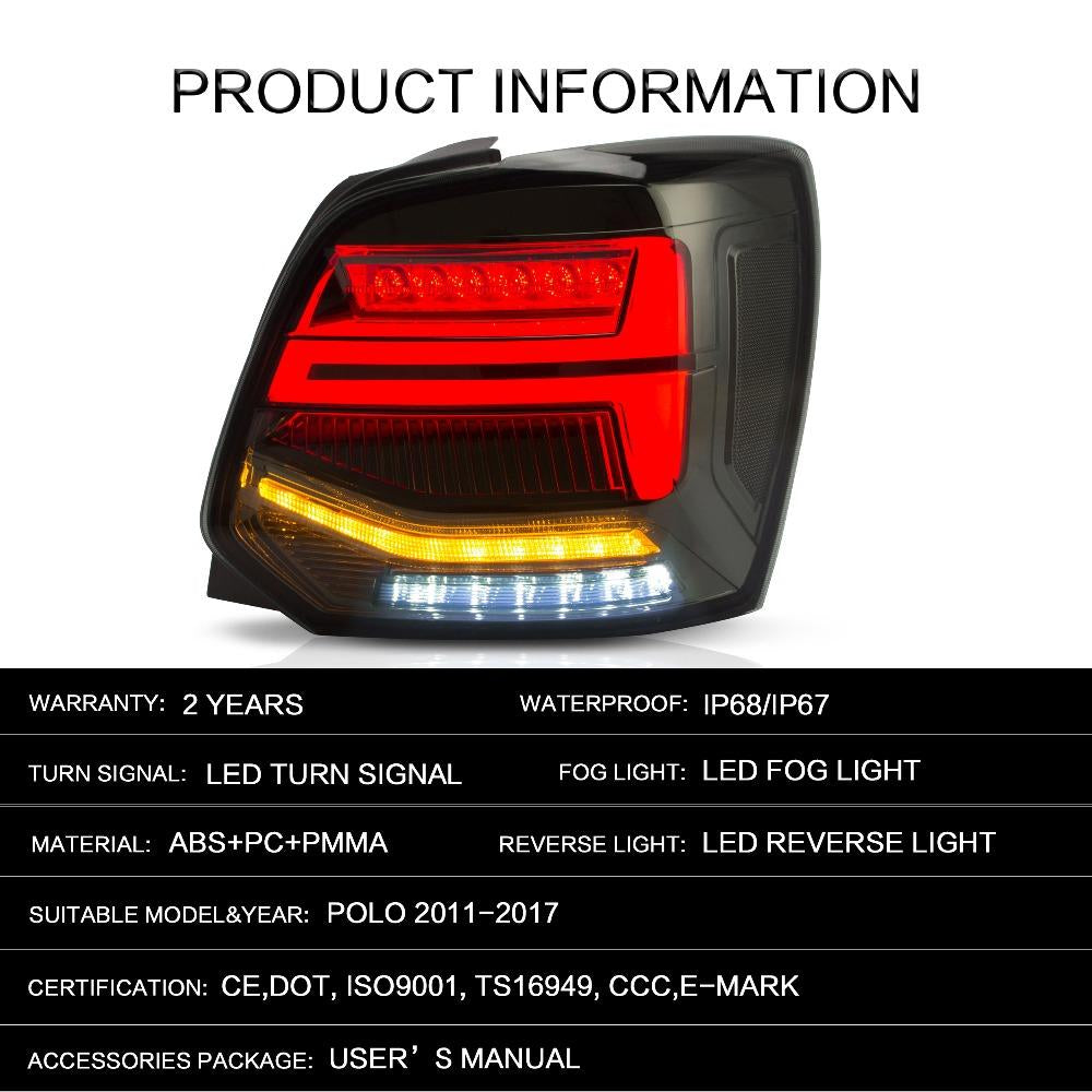 VLAND Tail lights Assembly for Volkswagen Polo 2011-2017 Taillight Tail Lamp with Turn Signal Reverse Lights LED DRL light