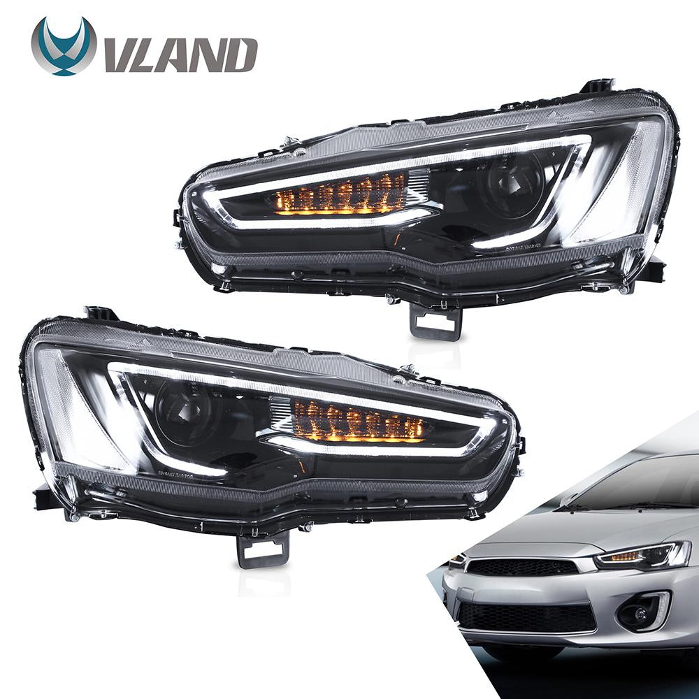 VLAND Headlamp Car Headlights Assembly For 2008-2018 Mitsubishi Lancer EVO X Head Light With Moving Turn Signal Dual Beam Lens