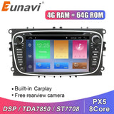 Eunavi DSP 2 Din Android Car Radio DVD Player GPS For FORD Focus 2 II Mondeo S-MAX C-MAX Galaxy 2Din Multimedia 4G 64GB 8 Core